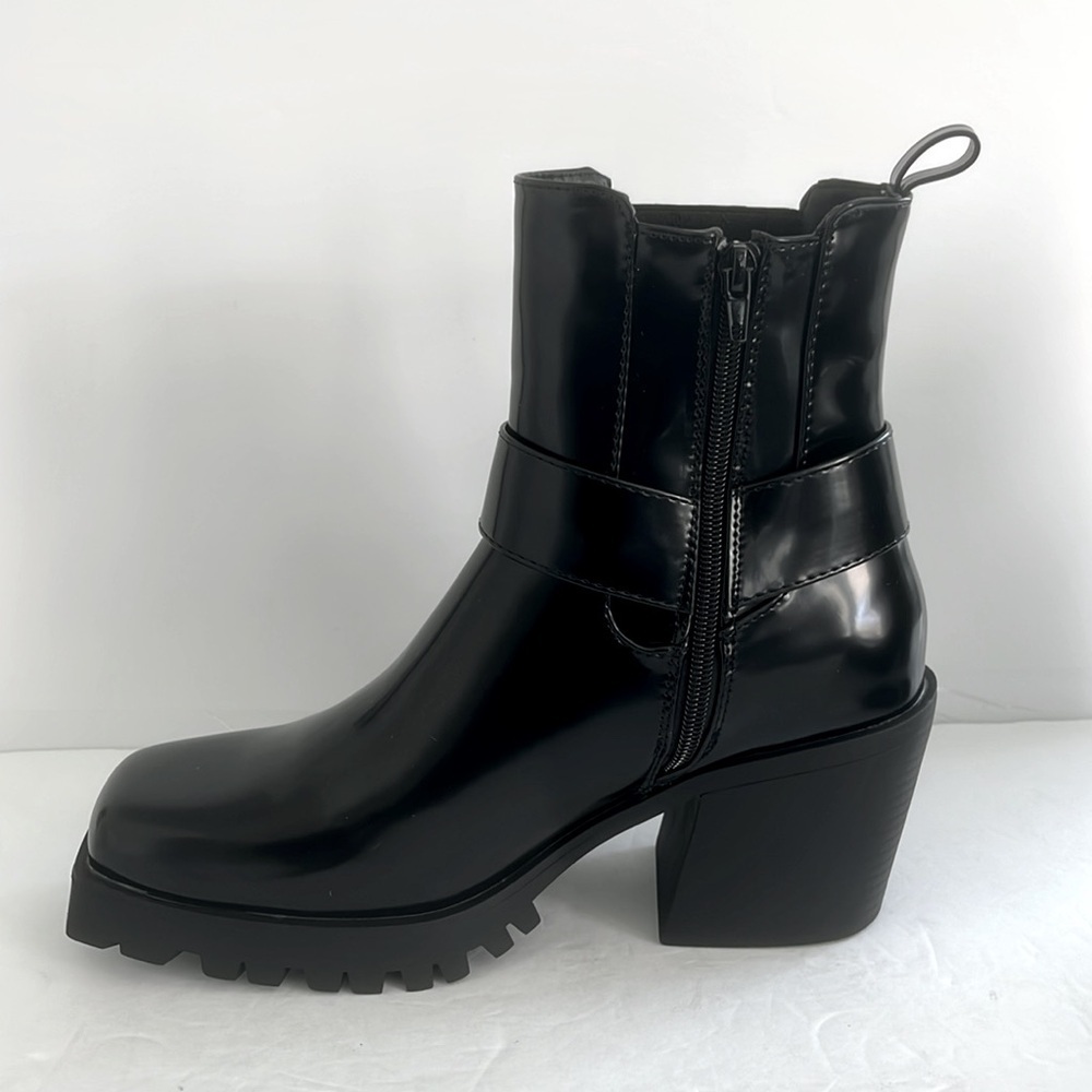 SHOE DAZZLE Black Ankle Boots Buckle Detail Lug Sole Moto Combat Shoes Size 9.5 - Picture 9 of 13